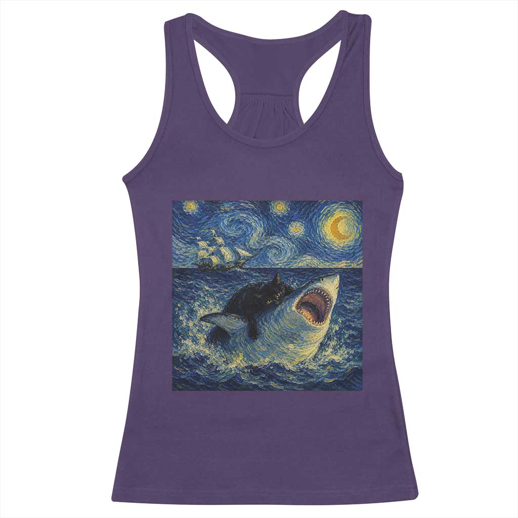 Funny Cat Biting Shark Starry Night Inspired Art Racerback Tank Top