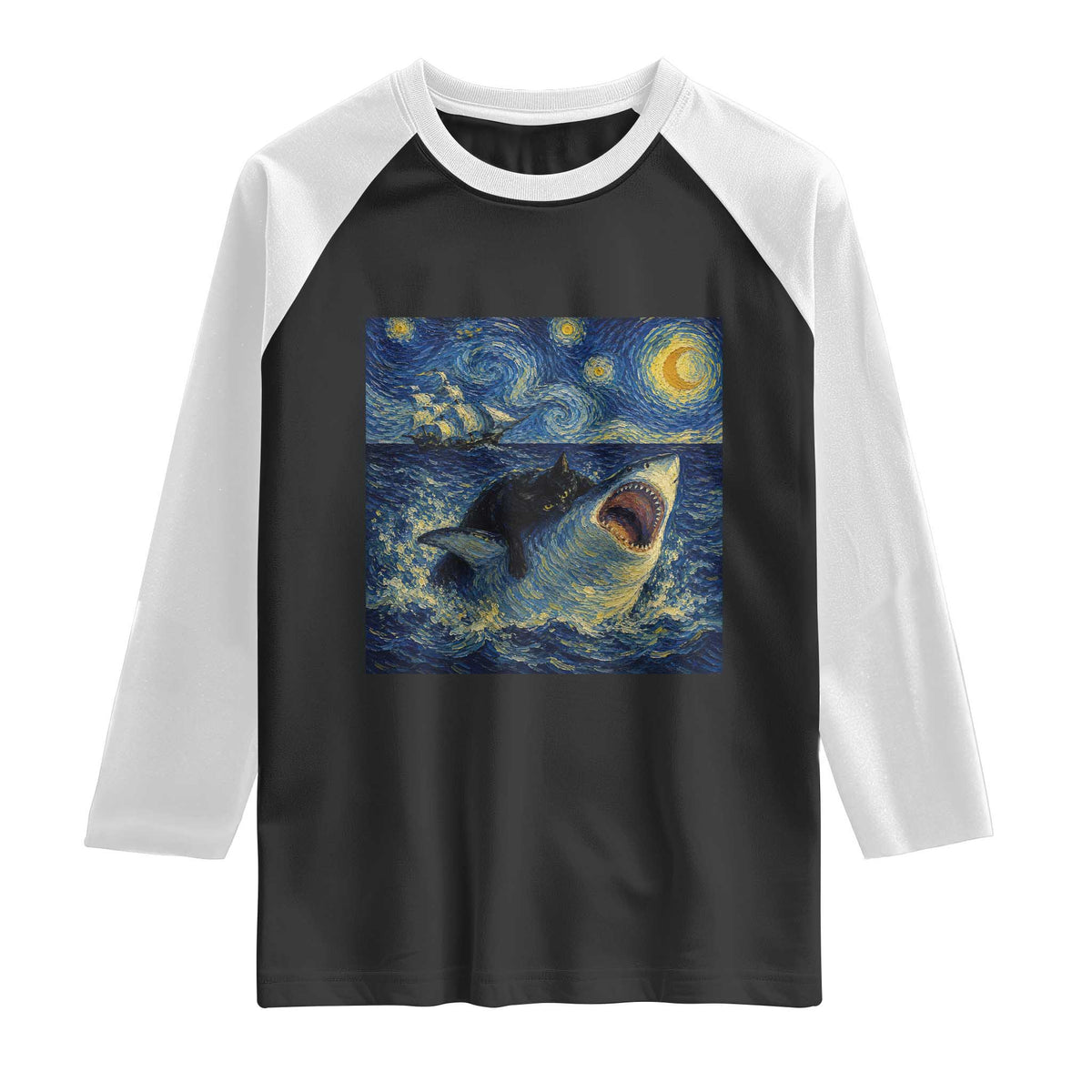 Funny Cat Biting Shark Starry Night Inspired Art Raglan Shirt