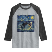 Funny Cat Biting Shark Starry Night Inspired Art Raglan Shirt