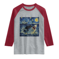 Funny Cat Biting Shark Starry Night Inspired Art Raglan Shirt