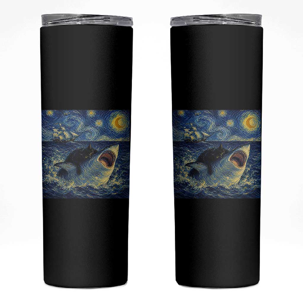 Funny Cat Biting Shark Starry Night Inspired Art Skinny Tumbler