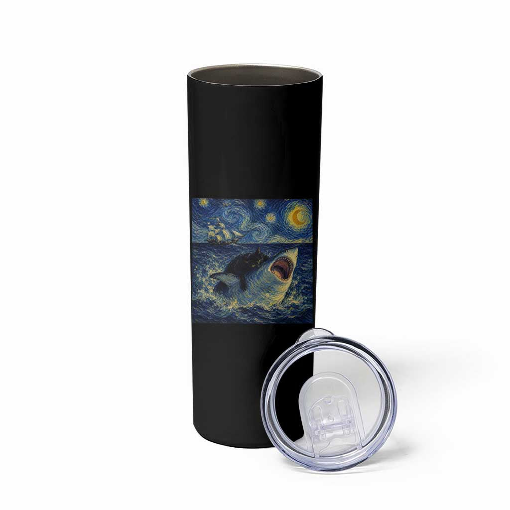 Funny Cat Biting Shark Starry Night Inspired Art Skinny Tumbler