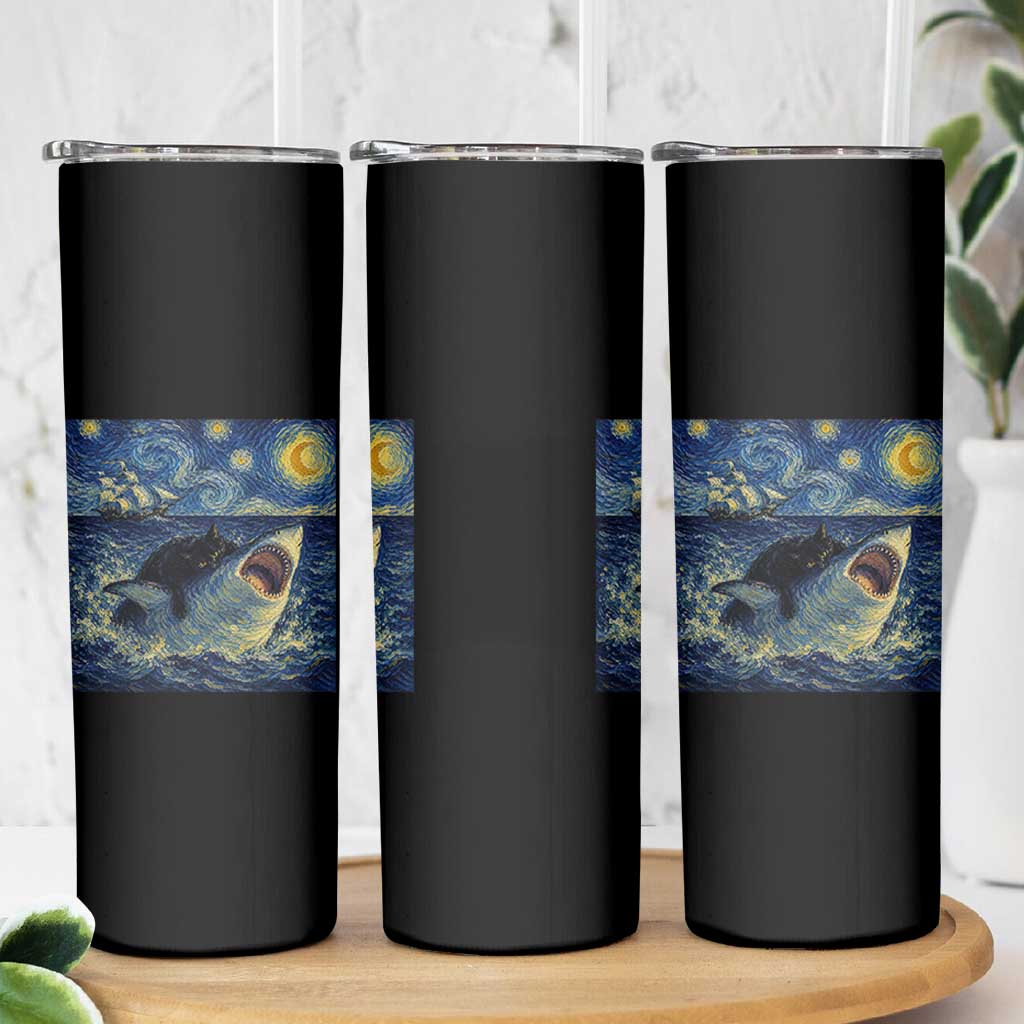 Funny Cat Biting Shark Starry Night Inspired Art Skinny Tumbler