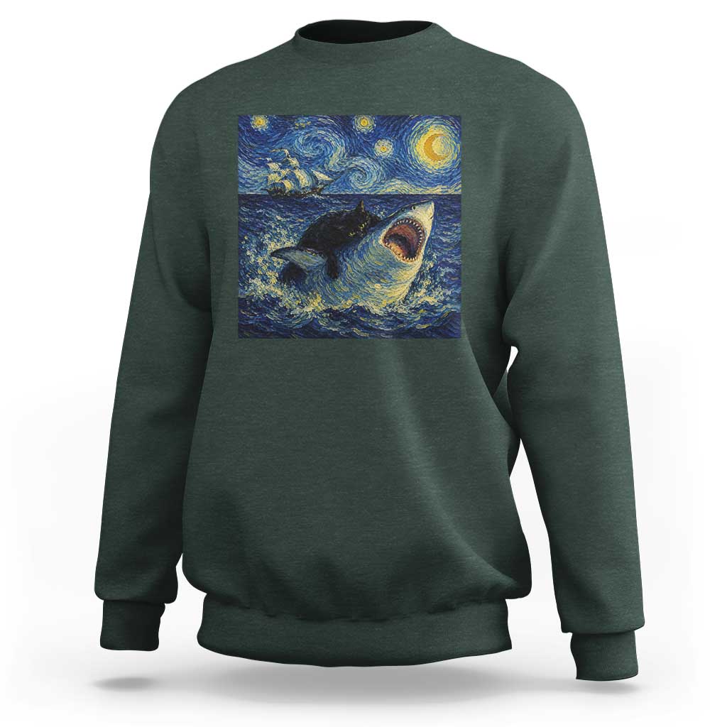 Funny Cat Biting Shark Starry Night Inspired Art Sweatshirt