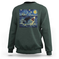 Funny Cat Biting Shark Starry Night Inspired Art Sweatshirt