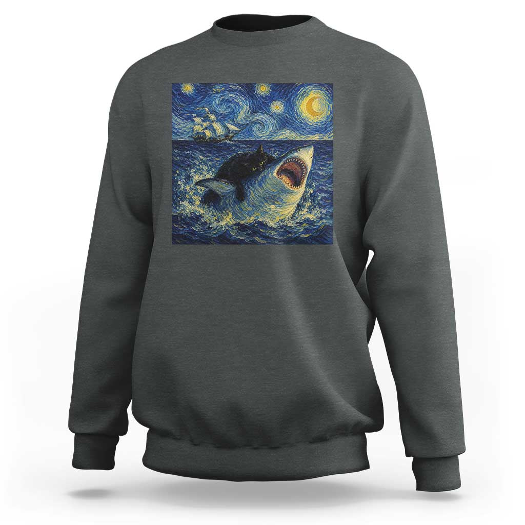Funny Cat Biting Shark Starry Night Inspired Art Sweatshirt