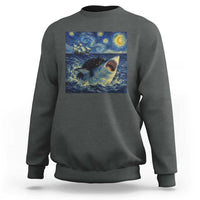 Funny Cat Biting Shark Starry Night Inspired Art Sweatshirt