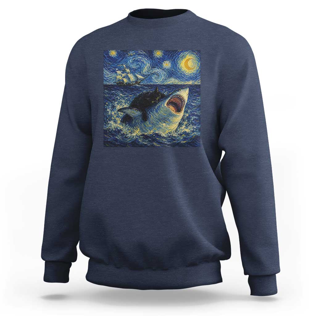 Funny Cat Biting Shark Starry Night Inspired Art Sweatshirt