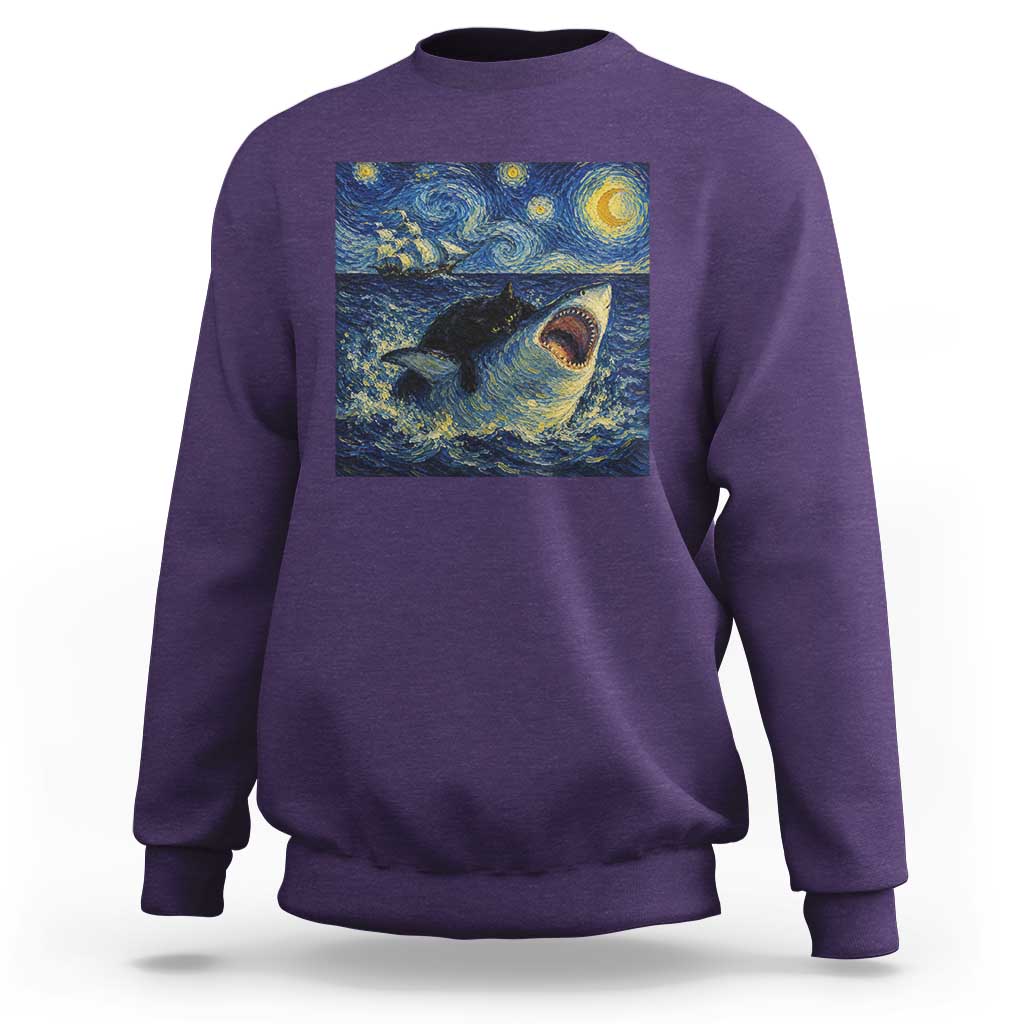 Funny Cat Biting Shark Starry Night Inspired Art Sweatshirt