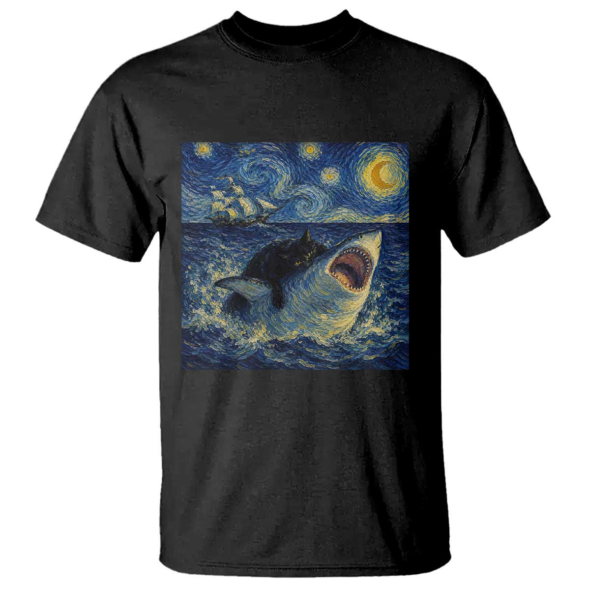 Funny Cat Biting Shark Starry Night Inspired Art T Shirt