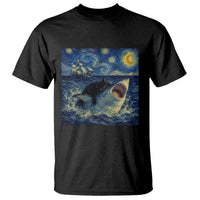 Funny Cat Biting Shark Starry Night Inspired Art T Shirt