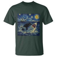 Funny Cat Biting Shark Starry Night Inspired Art T Shirt