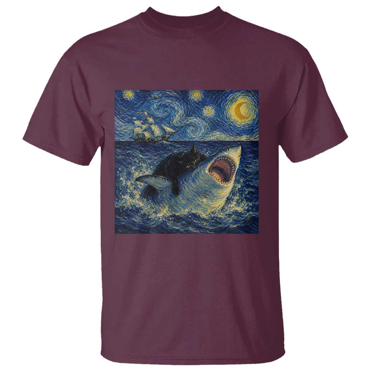 Funny Cat Biting Shark Starry Night Inspired Art T Shirt