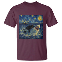 Funny Cat Biting Shark Starry Night Inspired Art T Shirt