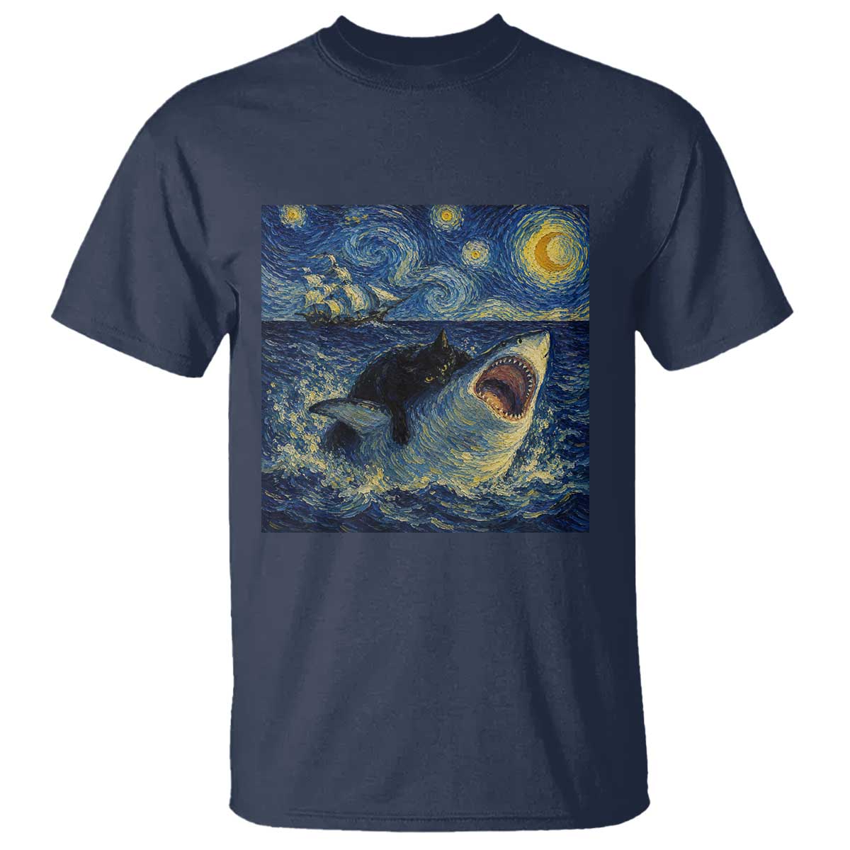 Funny Cat Biting Shark Starry Night Inspired Art T Shirt