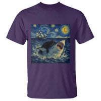 Funny Cat Biting Shark Starry Night Inspired Art T Shirt