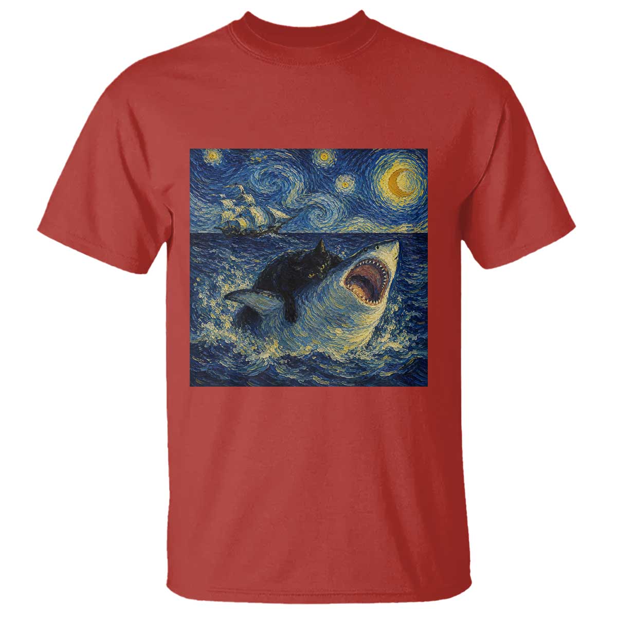 Funny Cat Biting Shark Starry Night Inspired Art T Shirt