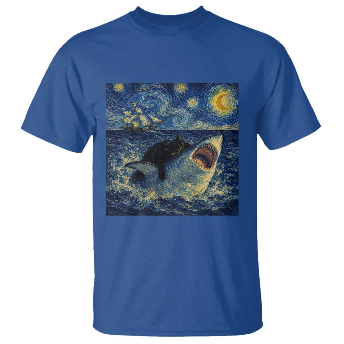 Funny Cat Biting Shark Starry Night Inspired Art T Shirt