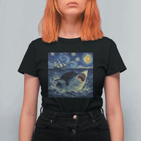 Funny Cat Biting Shark Starry Night Inspired Art T Shirt For Women