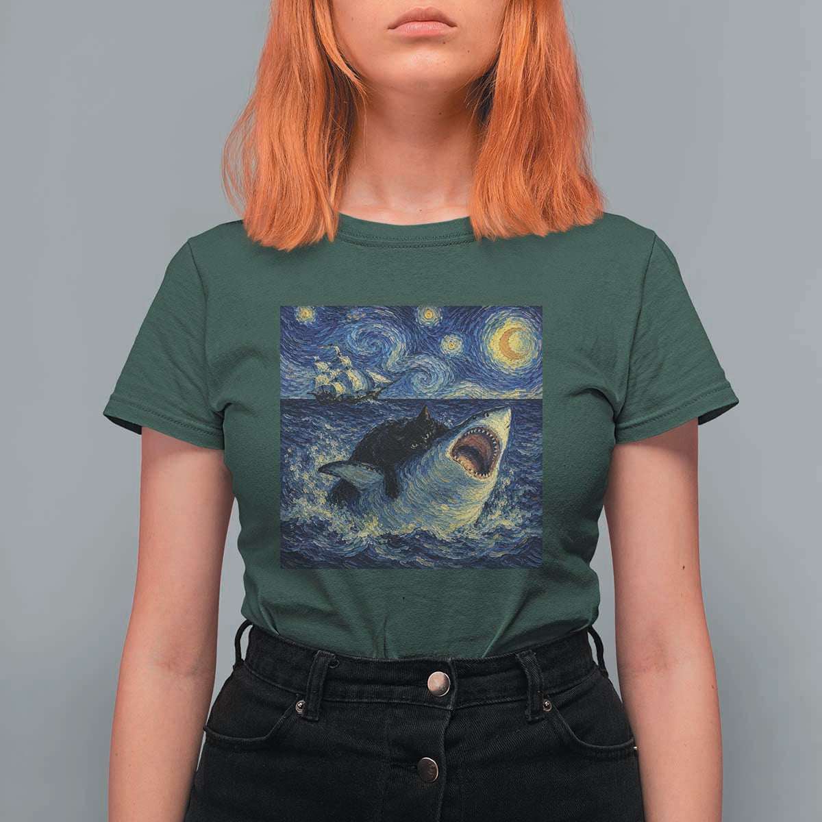 Funny Cat Biting Shark Starry Night Inspired Art T Shirt For Women
