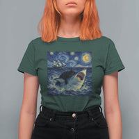 Funny Cat Biting Shark Starry Night Inspired Art T Shirt For Women