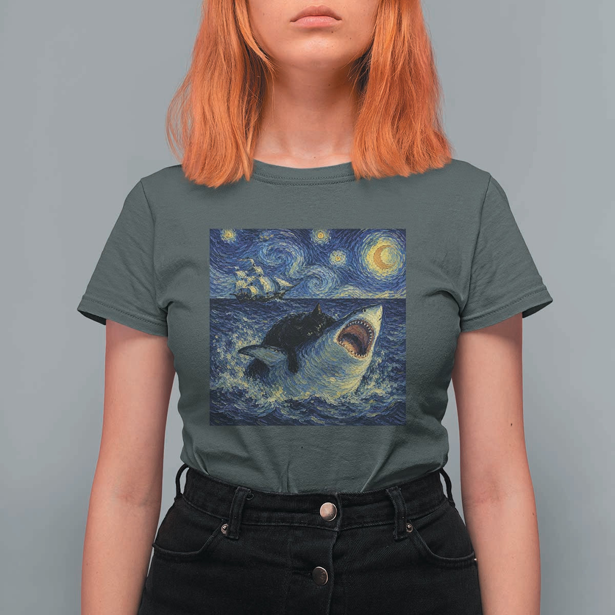 Funny Cat Biting Shark Starry Night Inspired Art T Shirt For Women