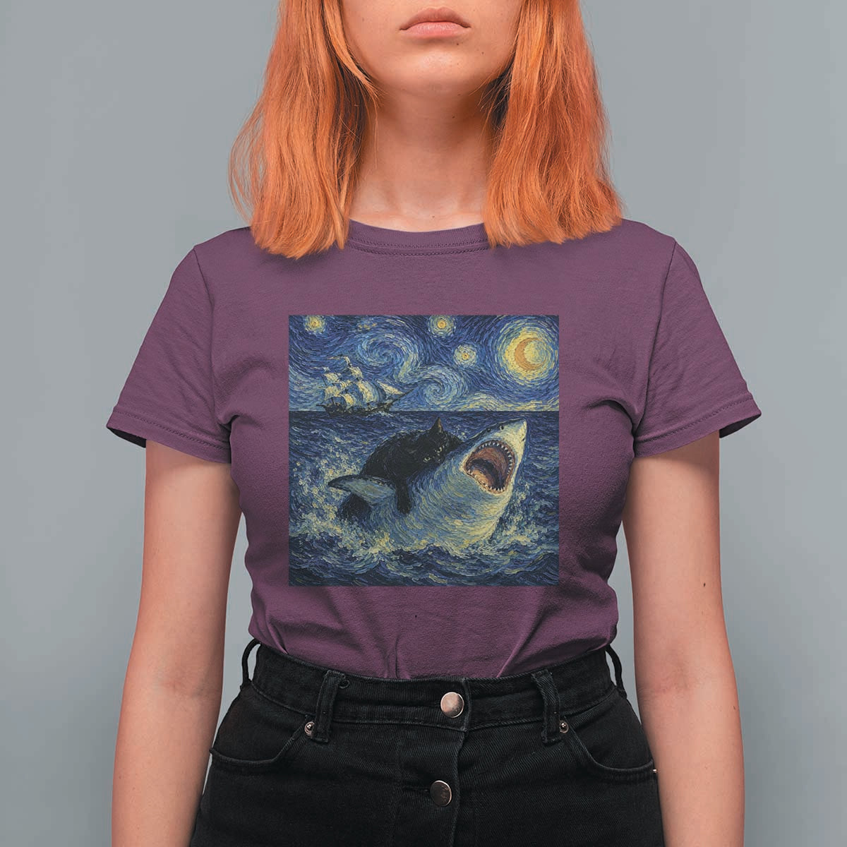 Funny Cat Biting Shark Starry Night Inspired Art T Shirt For Women