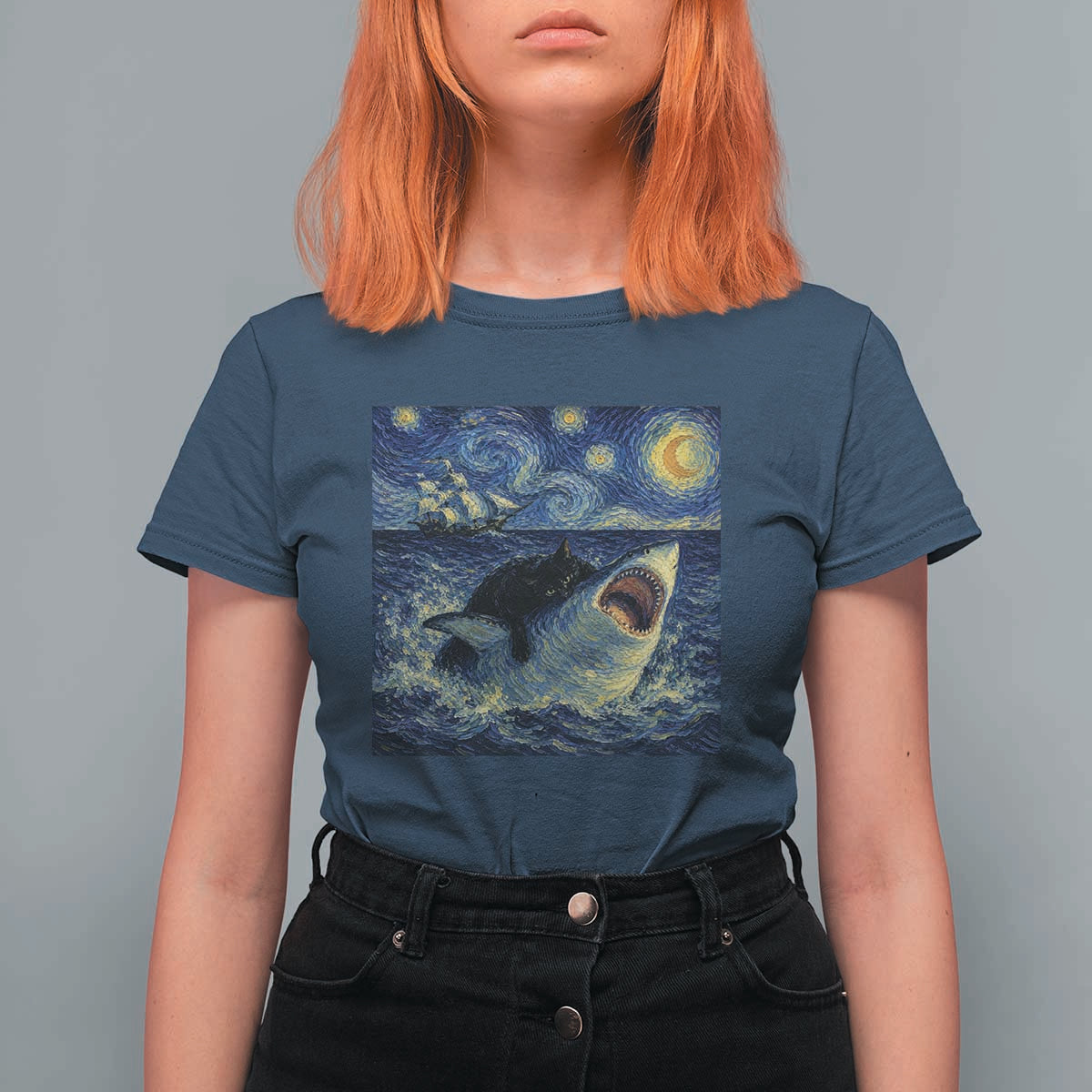 Funny Cat Biting Shark Starry Night Inspired Art T Shirt For Women