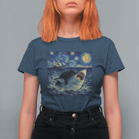 Funny Cat Biting Shark Starry Night Inspired Art T Shirt For Women