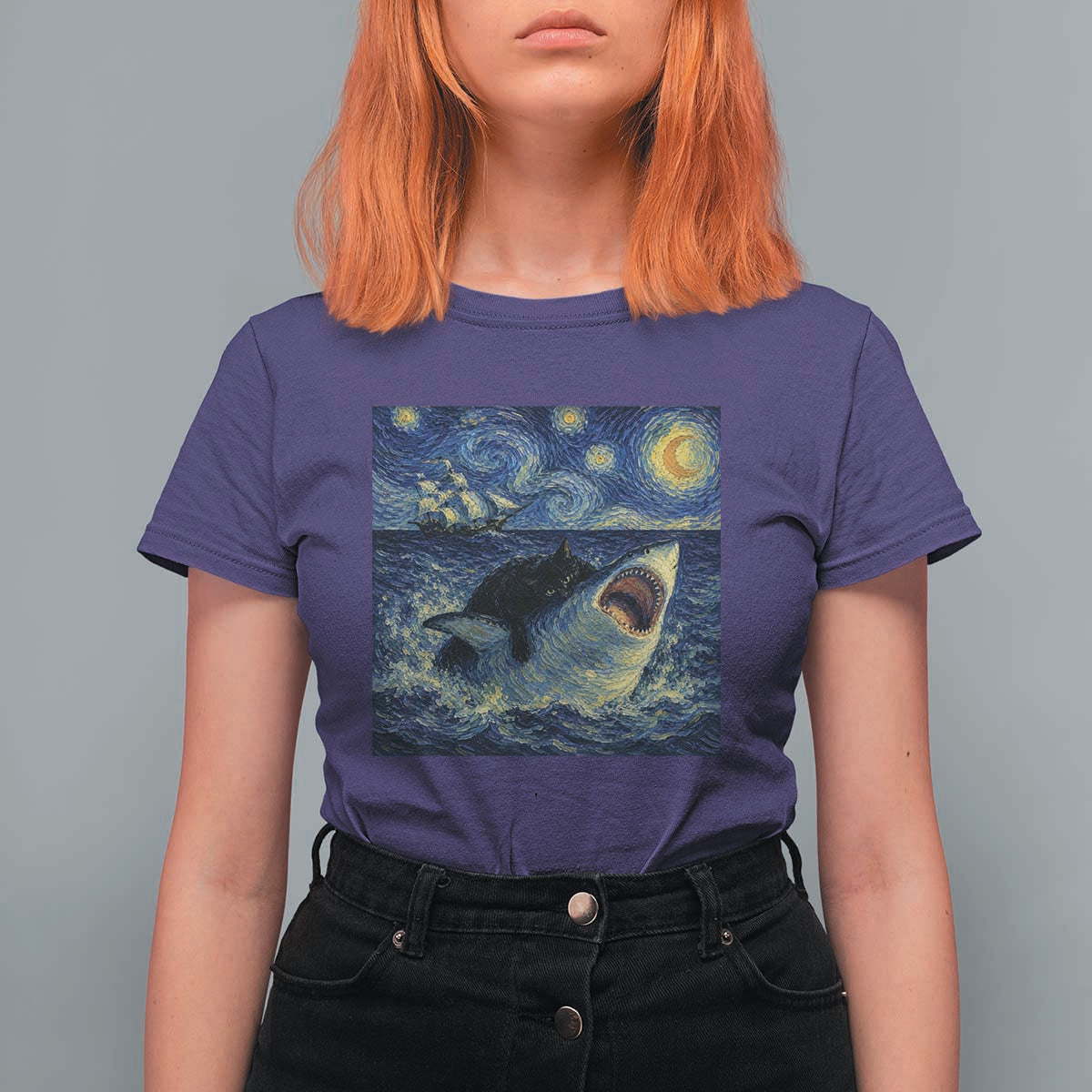 Funny Cat Biting Shark Starry Night Inspired Art T Shirt For Women