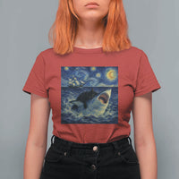 Funny Cat Biting Shark Starry Night Inspired Art T Shirt For Women