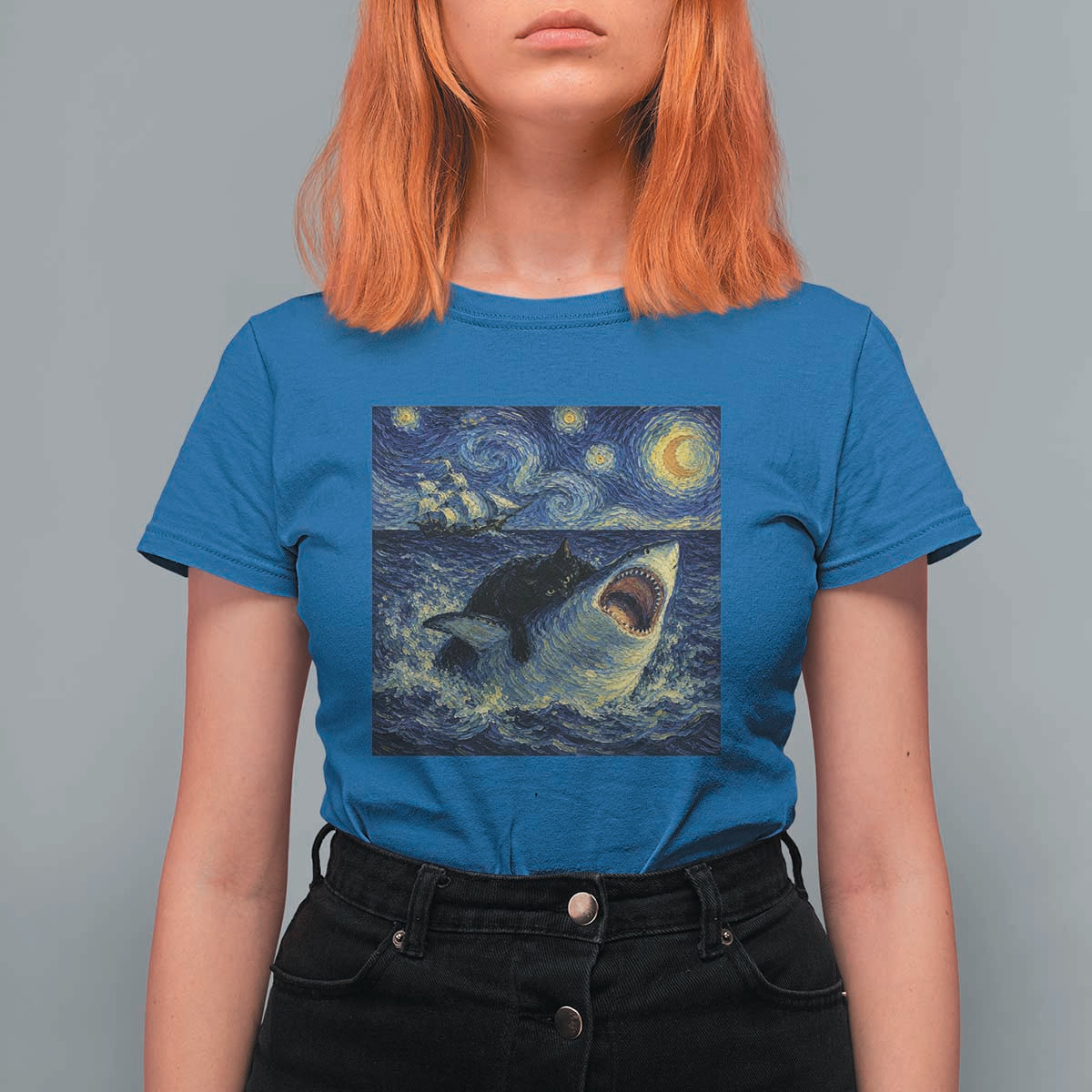 Funny Cat Biting Shark Starry Night Inspired Art T Shirt For Women