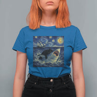 Funny Cat Biting Shark Starry Night Inspired Art T Shirt For Women