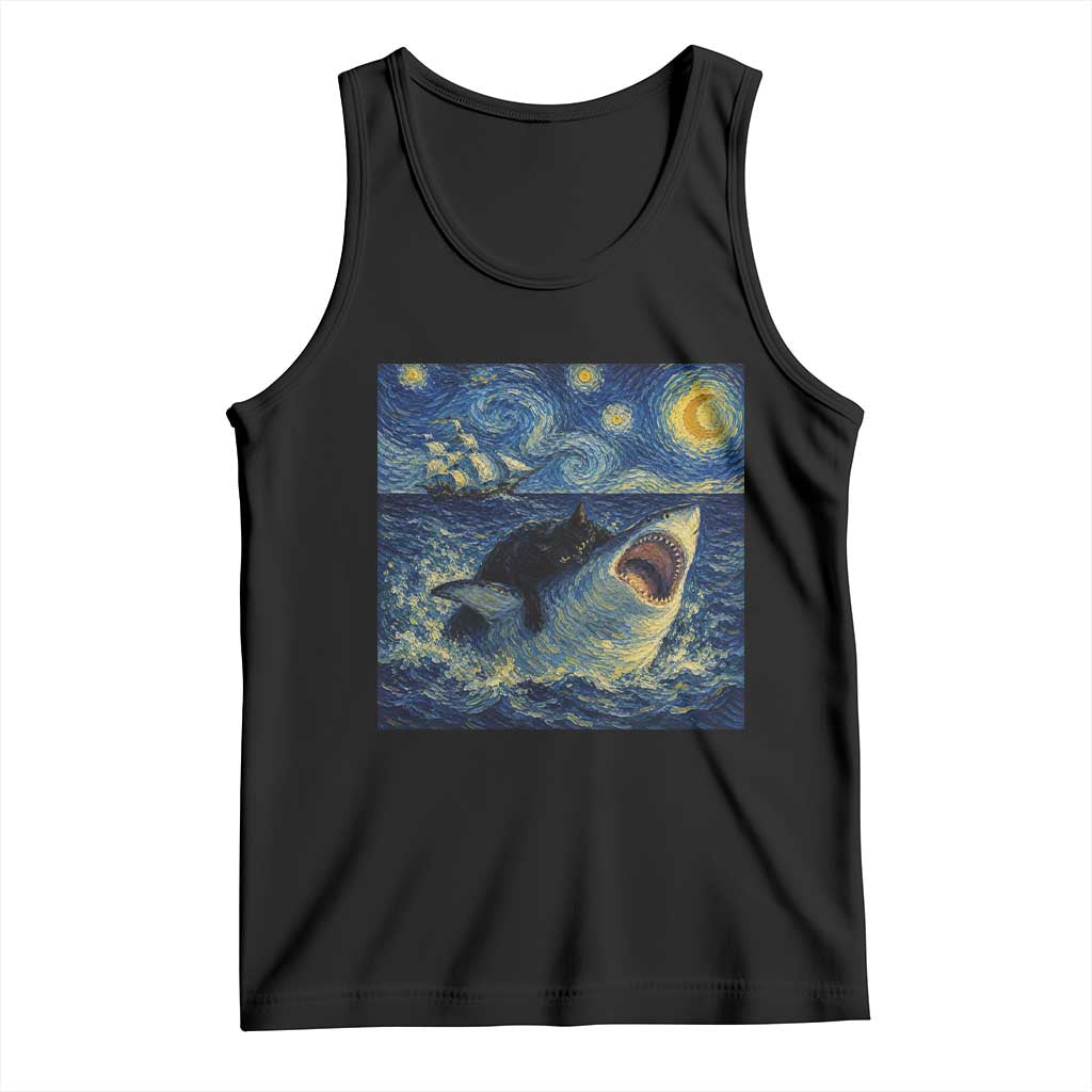 Funny Cat Biting Shark Starry Night Inspired Art Tank Top