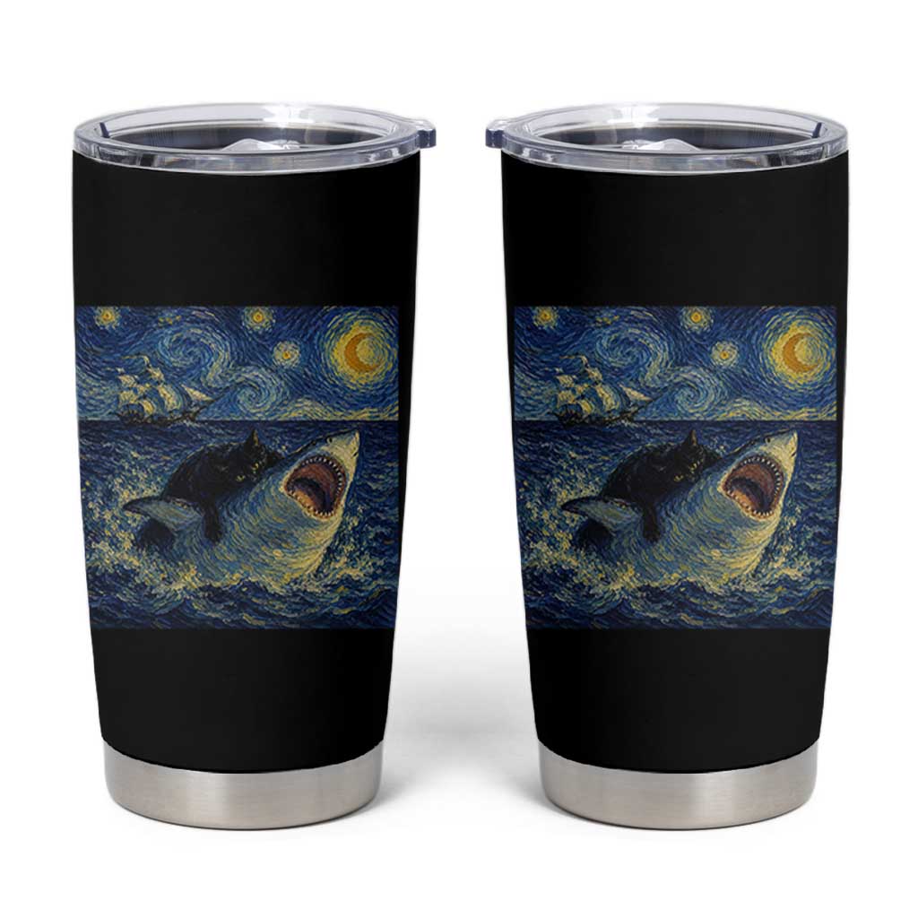 Funny Cat Biting Shark Starry Night Inspired Art Tumbler Cup