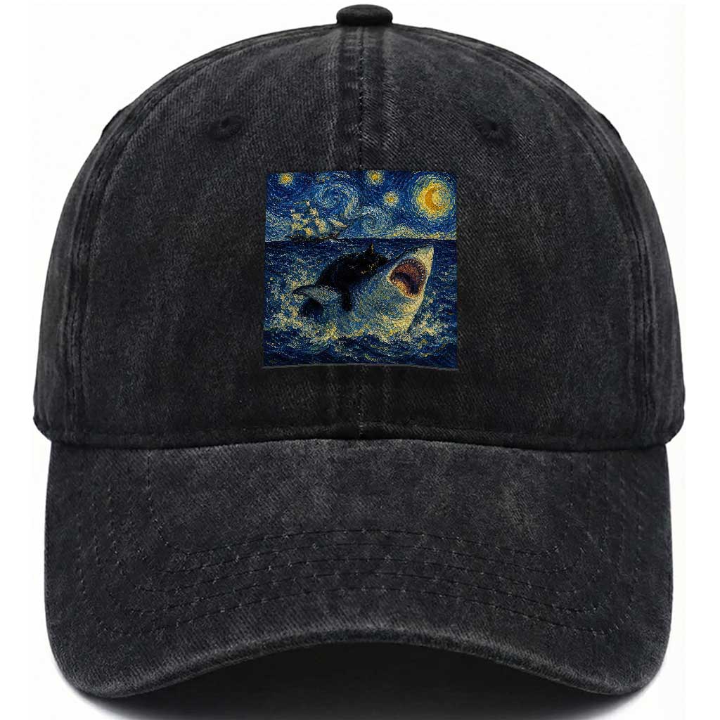 Funny Cat Biting Shark Starry Night Inspired Art Washed Cotton Baseball Cap