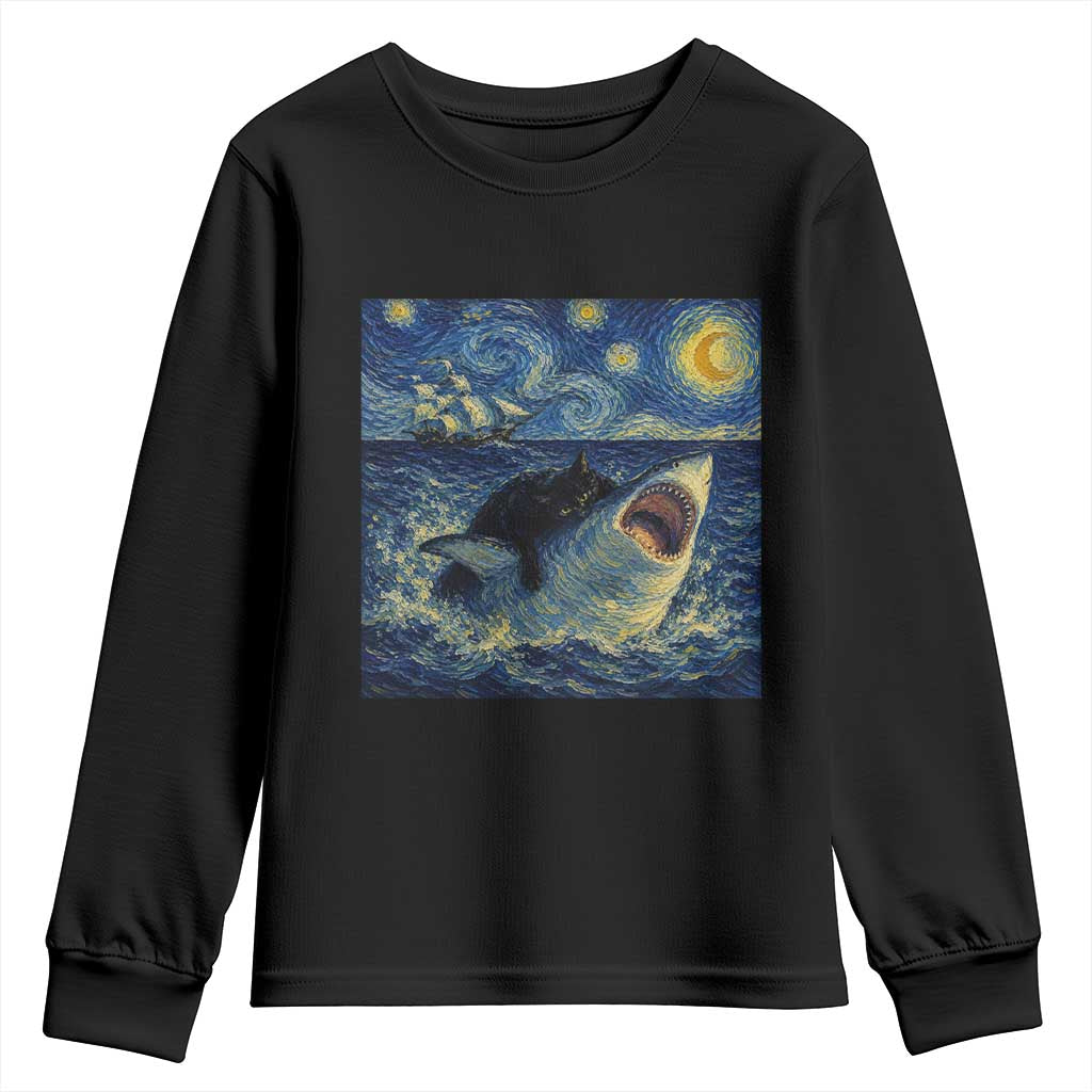 Funny Cat Biting Shark Starry Night Inspired Art Youth Sweatshirt
