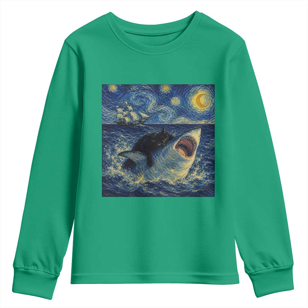 Funny Cat Biting Shark Starry Night Inspired Art Youth Sweatshirt