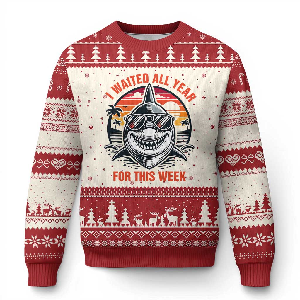 Funny Shark Summer Vacation Ugly Christmas Sweater I Waited All Year For This Week