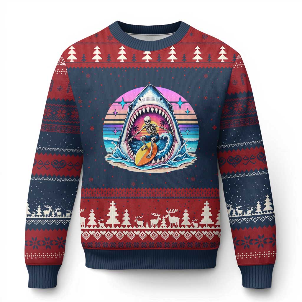 Shark Skeleton Surfer Ugly Christmas Sweater Hawaiian Beach Vacation Gift