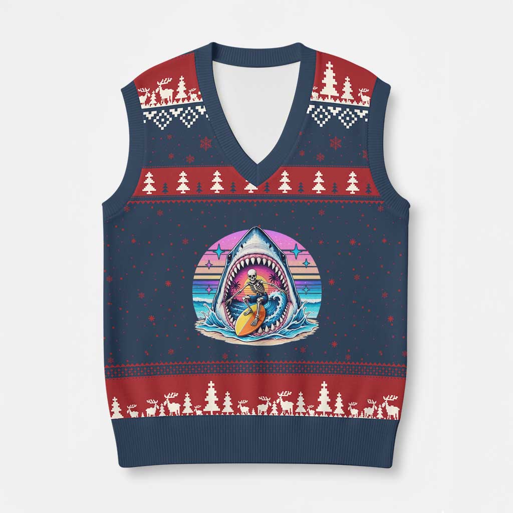 Shark Skeleton Surfer V-Neck Knit Sweater Vest Hawaiian Beach Vacation Gift