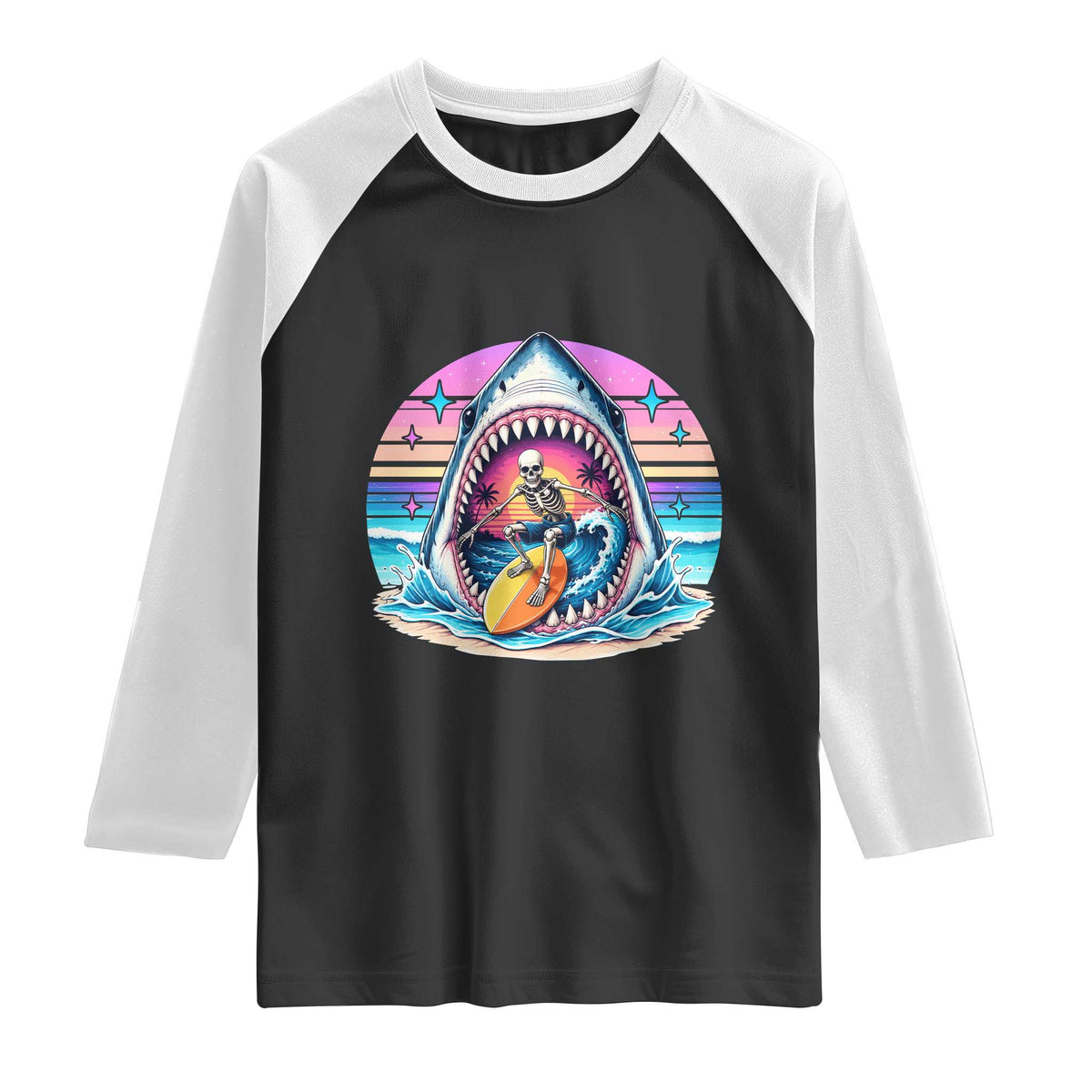 Shark Skeleton Surfer Raglan Shirt Hawaiian Beach Vacation Gift