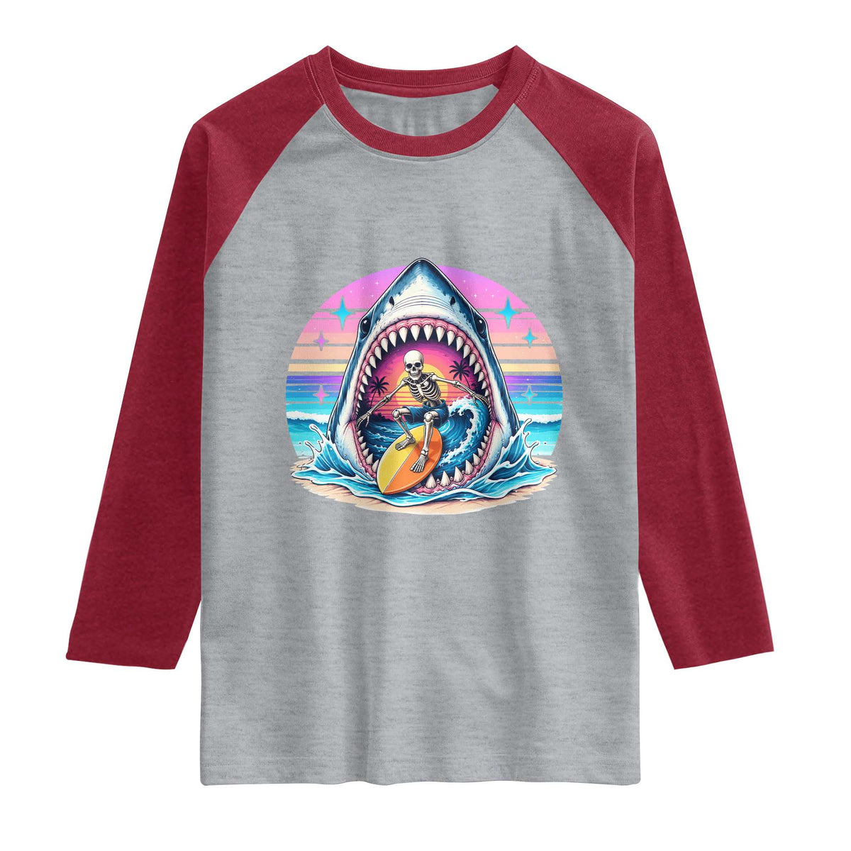 Shark Skeleton Surfer Raglan Shirt Hawaiian Beach Vacation Gift