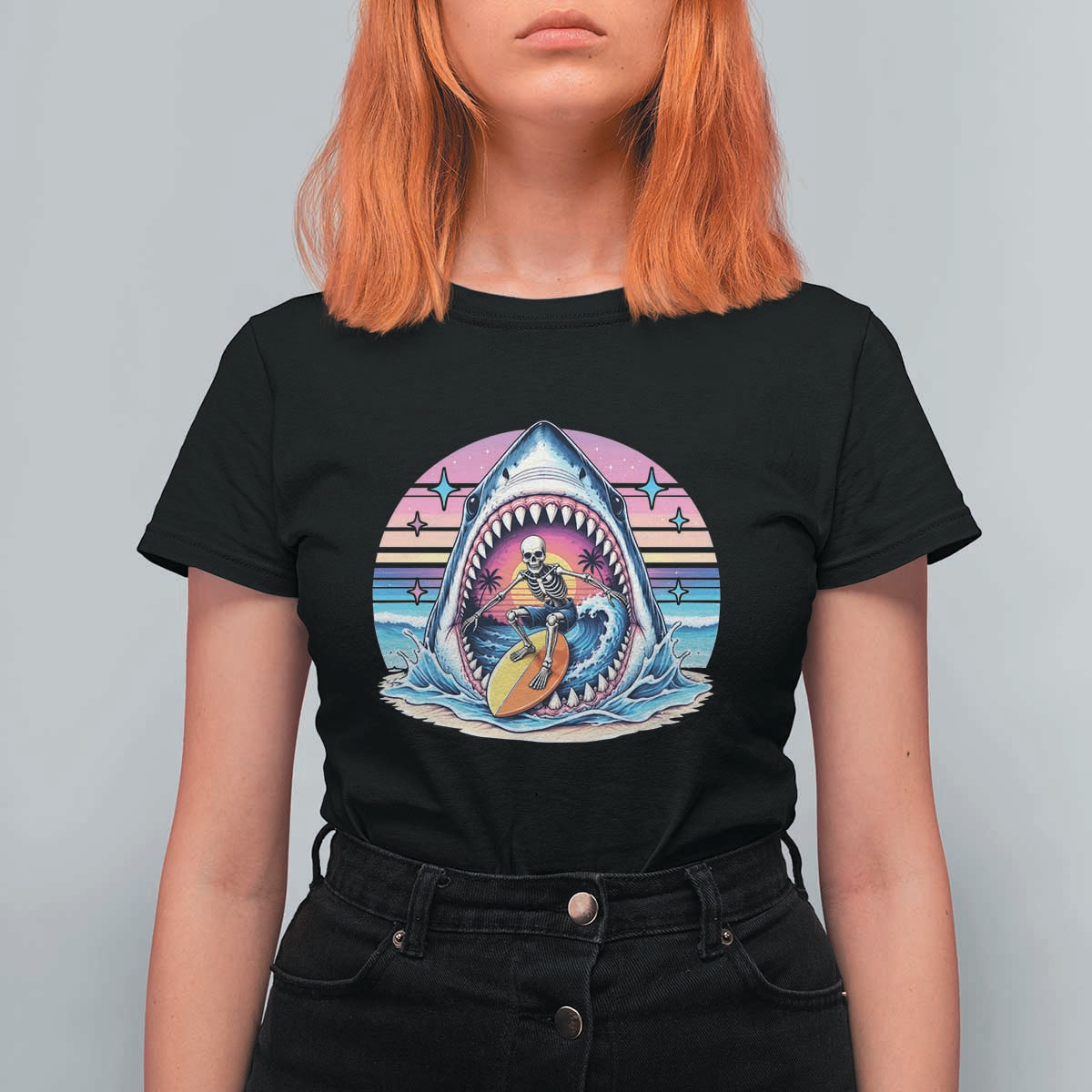 Shark Skeleton Surfer T Shirt For Women Hawaiian Beach Vacation Gift