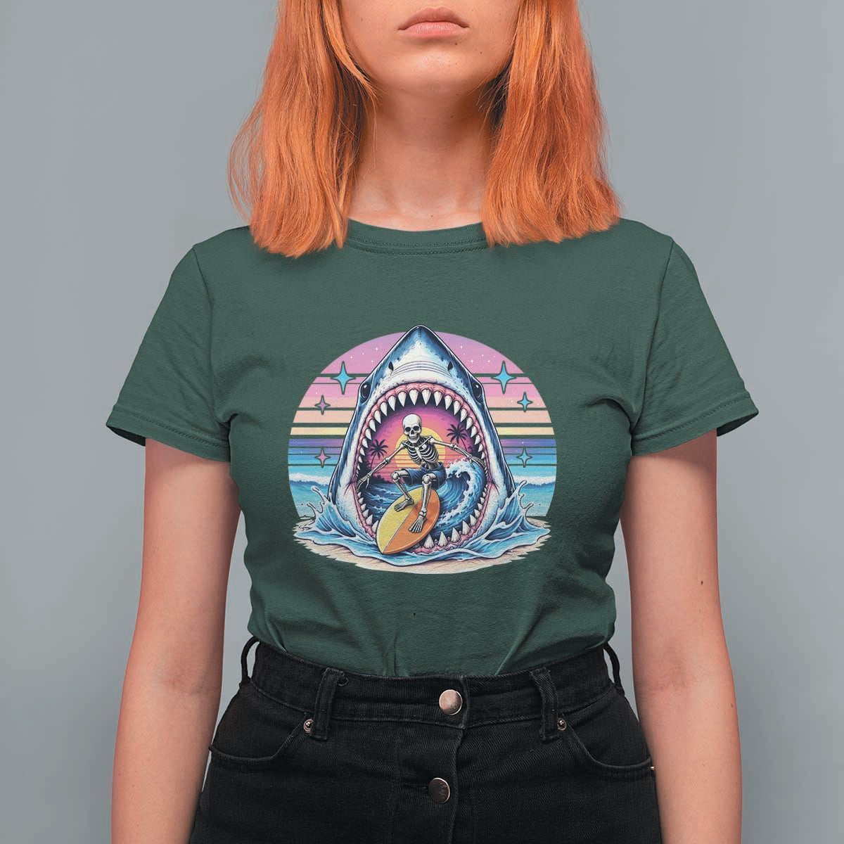 Shark Skeleton Surfer T Shirt For Women Hawaiian Beach Vacation Gift