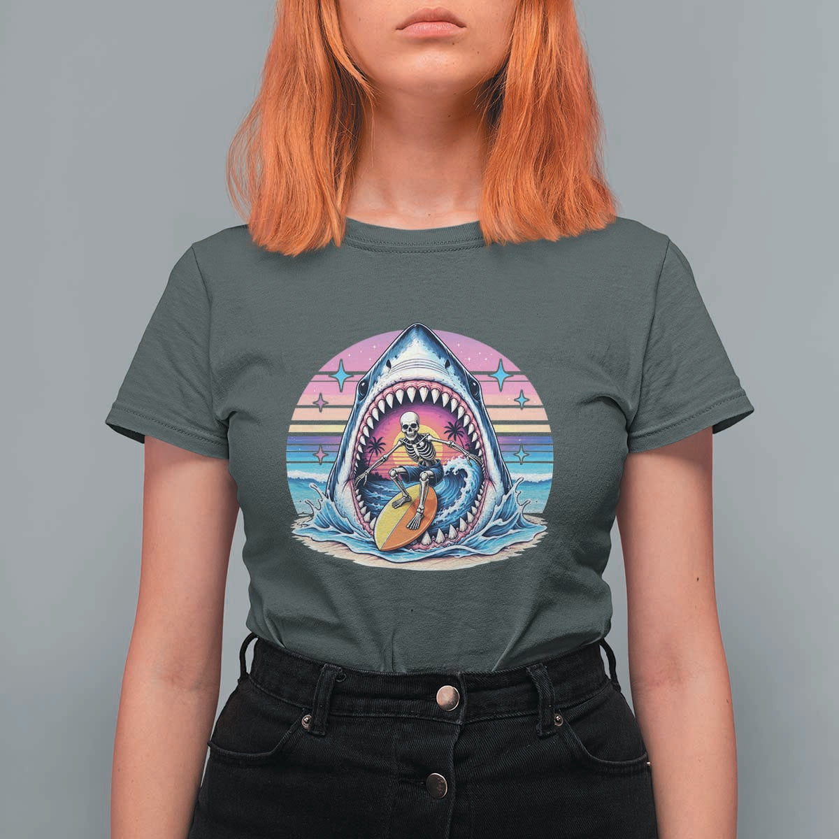 Shark Skeleton Surfer T Shirt For Women Hawaiian Beach Vacation Gift