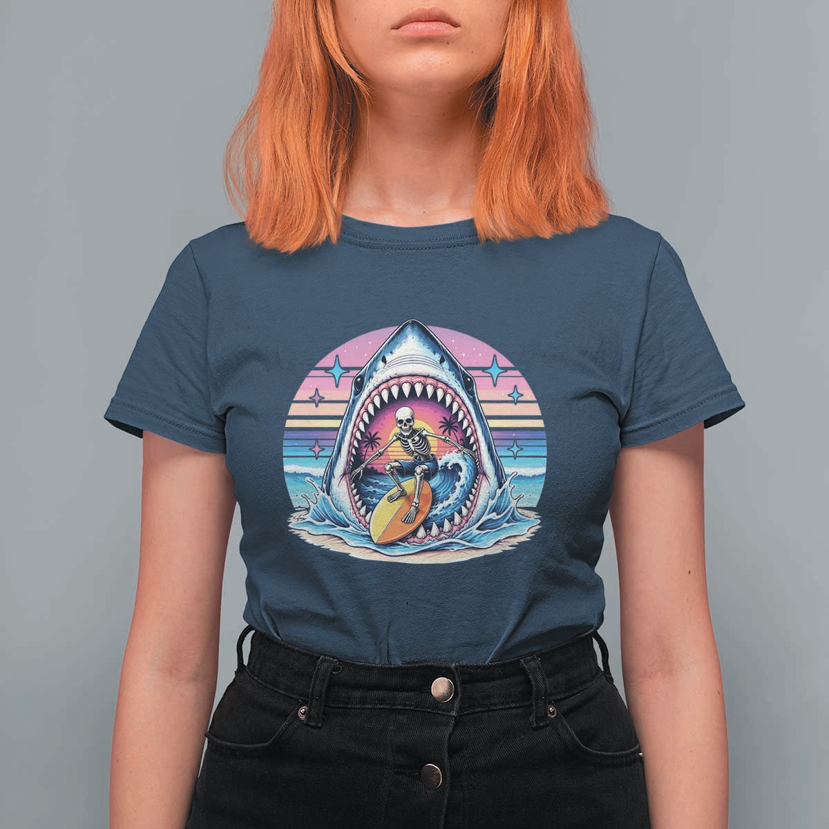 Shark Skeleton Surfer T Shirt For Women Hawaiian Beach Vacation Gift