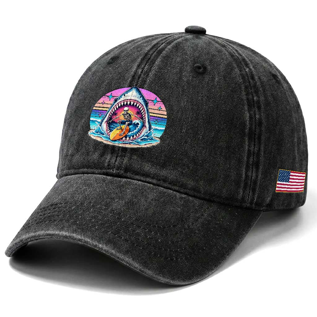 Shark Skeleton Surfer Washed Cotton Baseball Cap Hawaiian Beach Vacation Gift