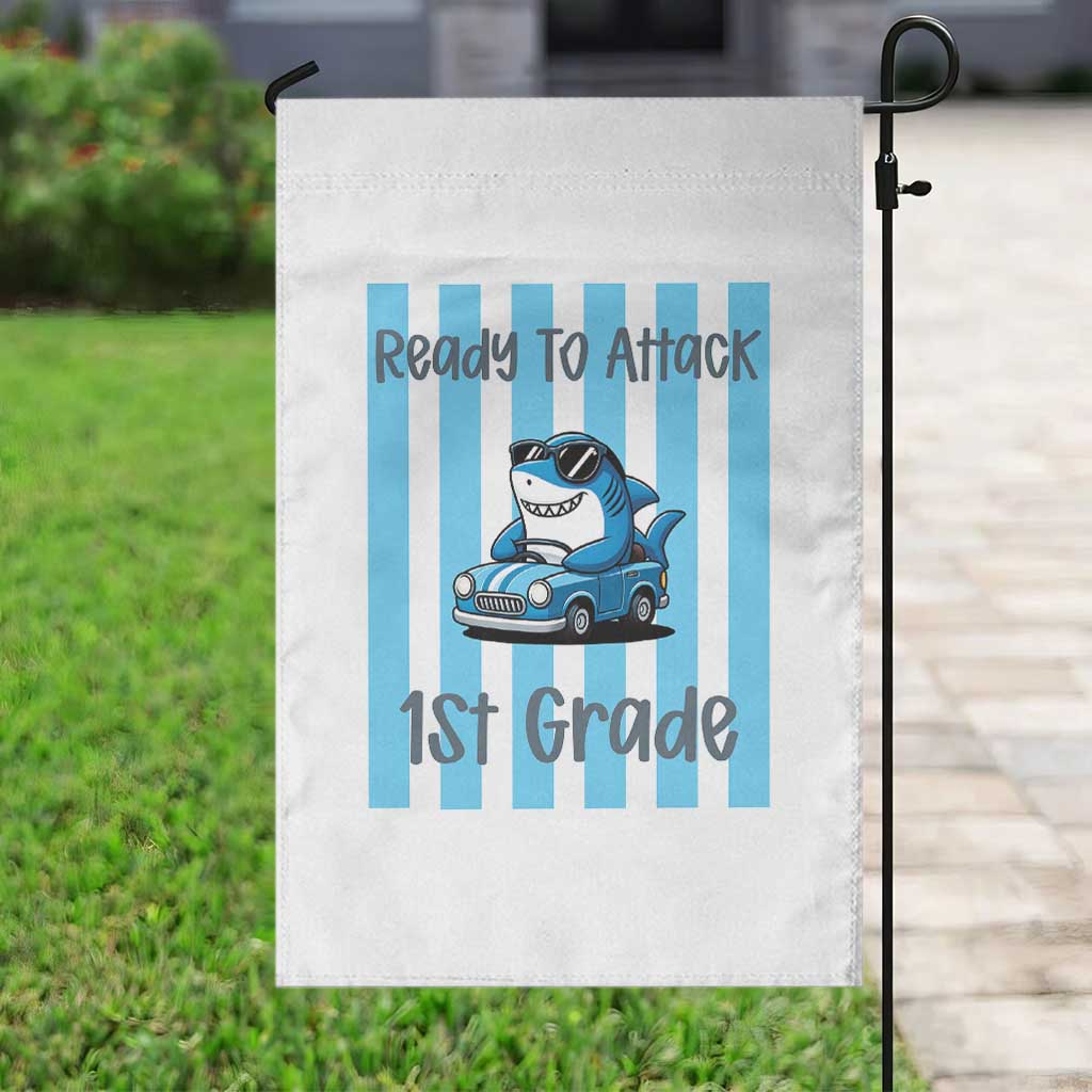 Ready To Attack 1st Grade Garden Flag Funny Shark Driving Car Back To School