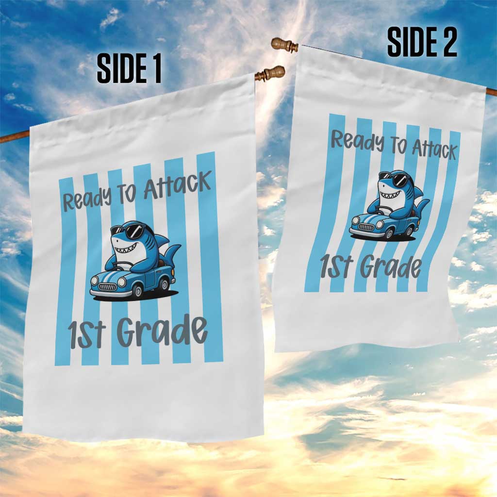 Ready To Attack 1st Grade Garden Flag Funny Shark Driving Car Back To School